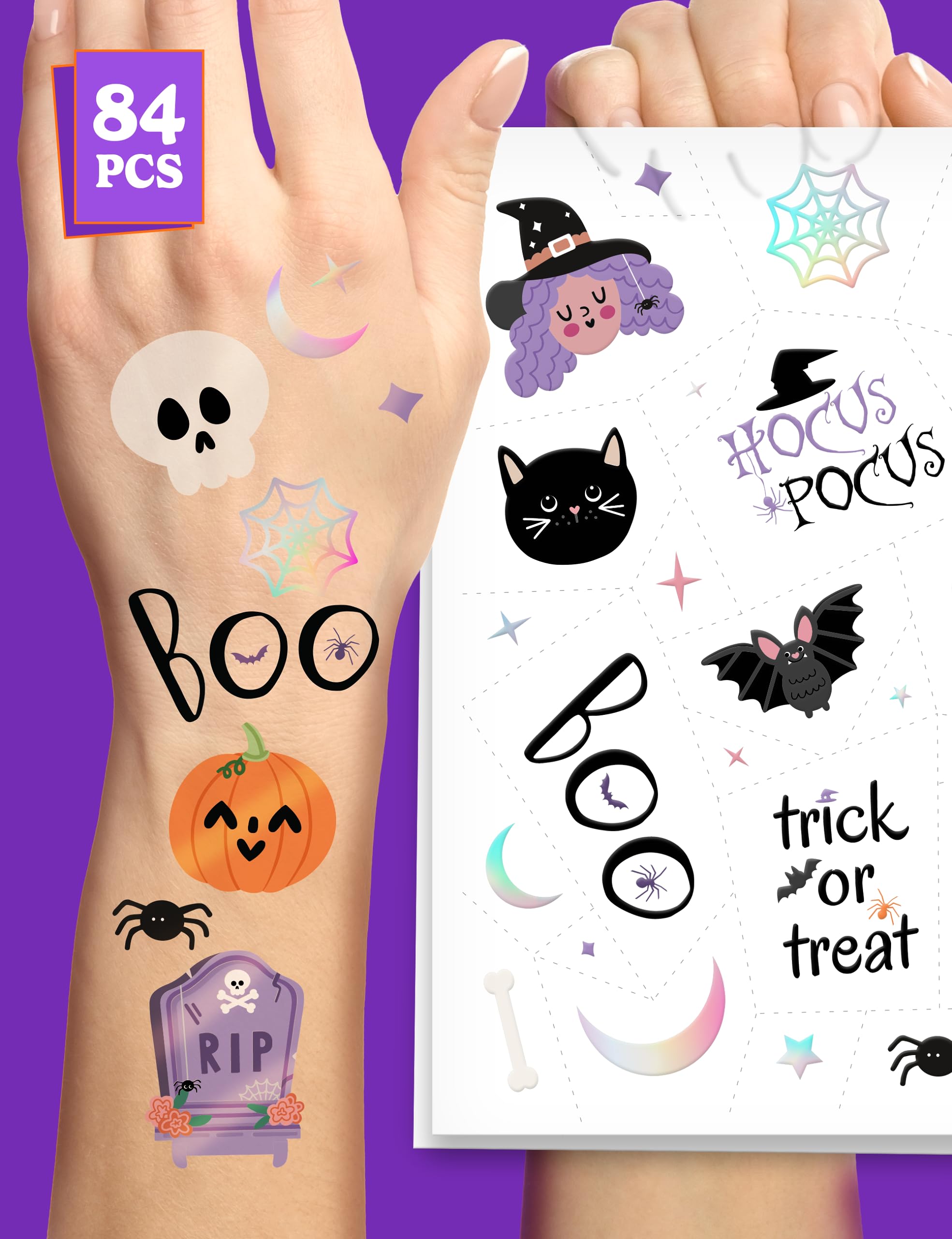 HOUSE OF PARTY Halloween Temporary Tattoos for Kids - 84PCS Hocus Pocus Stickers, Bat Tattoos, Skull Stickers, Witch Tattoos, and Spider Webs - Ideal for Halloween Party Favors and Decorations!