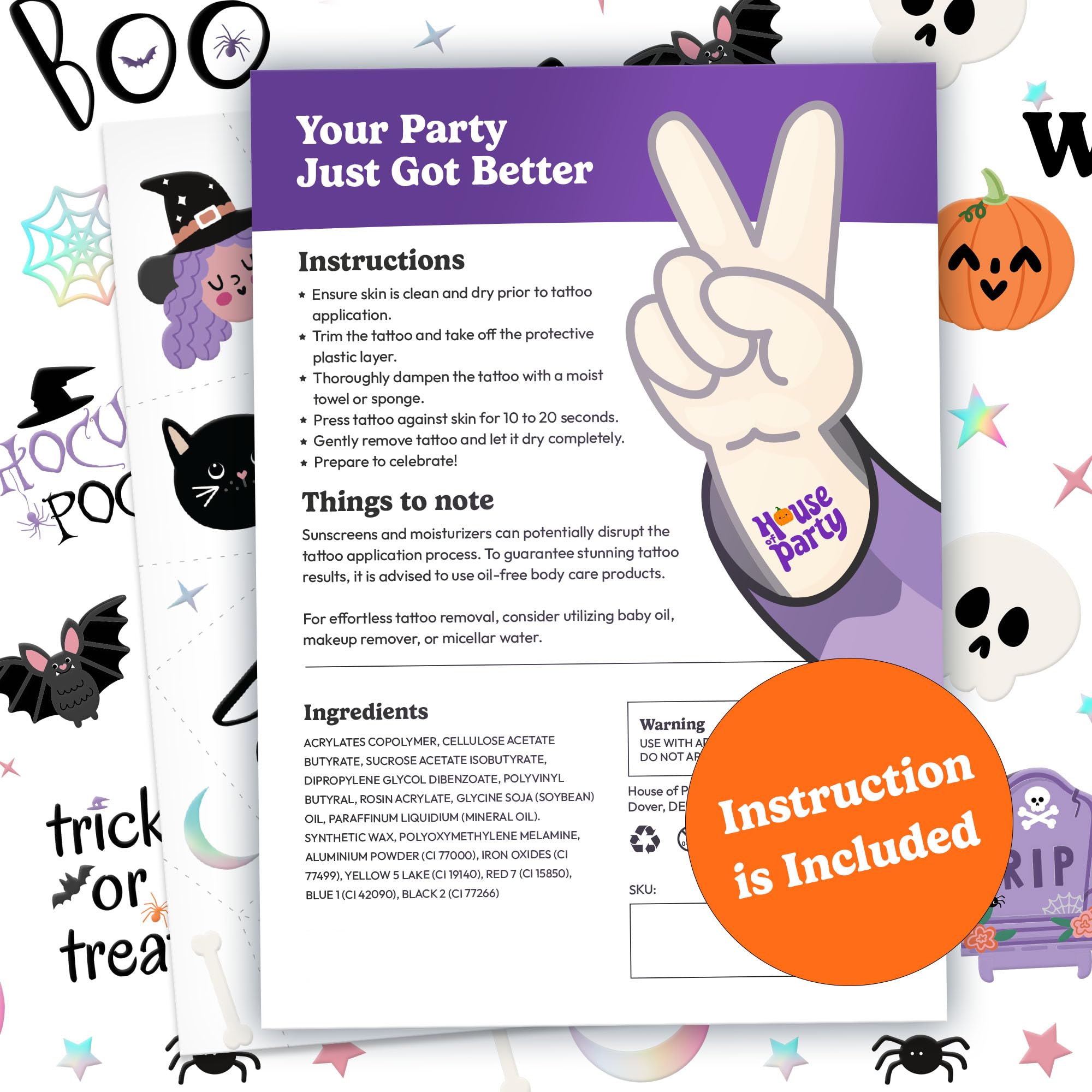 HOUSE OF PARTY Halloween Temporary Tattoos for Kids - 84PCS Hocus Pocus Stickers, Bat Tattoos, Skull Stickers, Witch Tattoos, and Spider Webs - Ideal for Halloween Party Favors and Decorations!