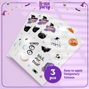 HOUSE OF PARTY Halloween Temporary Tattoos for Kids - 84PCS Hocus Pocus Stickers, Bat Tattoos, Skull Stickers, Witch Tattoos, and Spider Webs - Ideal for Halloween Party Favors and Decorations!