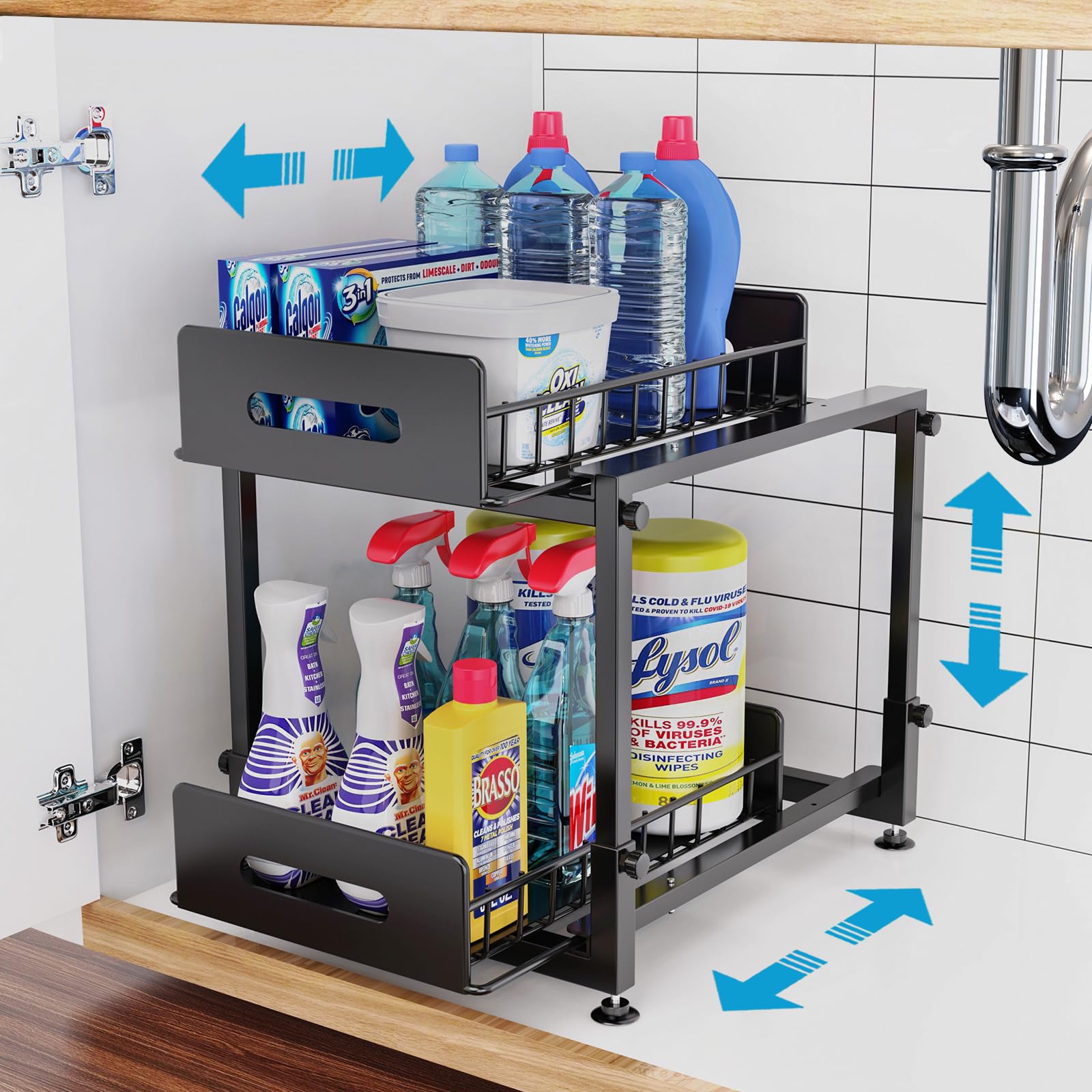 Under Sink Organizer,Cabinet Organizer and Storage,2 Tier Pull Out Under Bathroom Sink Organizers with Two Sliding Drawers,Adjustable height Metal Under Counter Organization for Kitchen and Bathroom