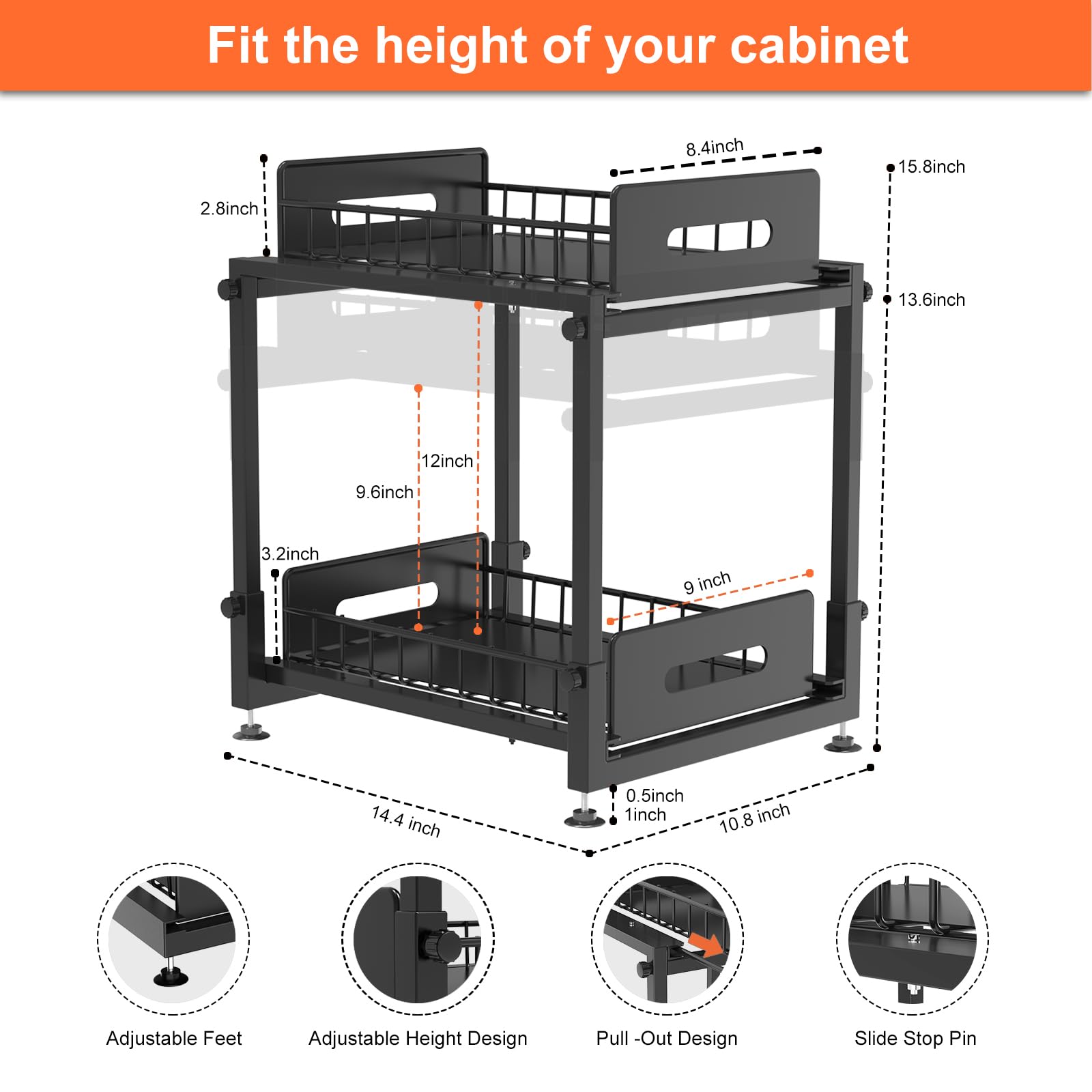 Under Sink Organizer,Cabinet Organizer and Storage,2 Tier Pull Out Under Bathroom Sink Organizers with Two Sliding Drawers,Adjustable height Metal Under Counter Organization for Kitchen and Bathroom