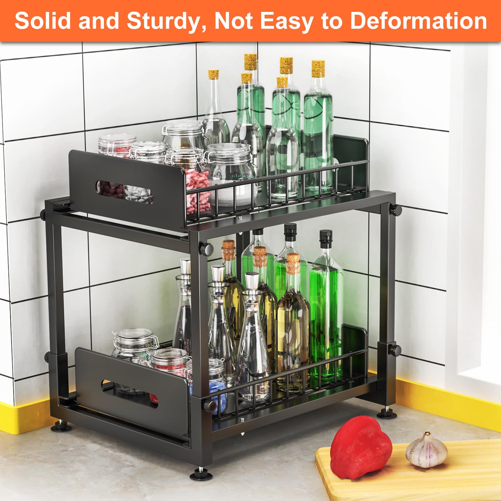 Under Sink Organizer,Cabinet Organizer and Storage,2 Tier Pull Out Under Bathroom Sink Organizers with Two Sliding Drawers,Adjustable height Metal Under Counter Organization for Kitchen and Bathroom