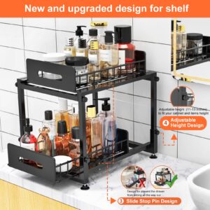 Under Sink Organizer,Cabinet Organizer and Storage,2 Tier Pull Out Under Bathroom Sink Organizers with Two Sliding Drawers,Adjustable height Metal Under Counter Organization for Kitchen and Bathroom