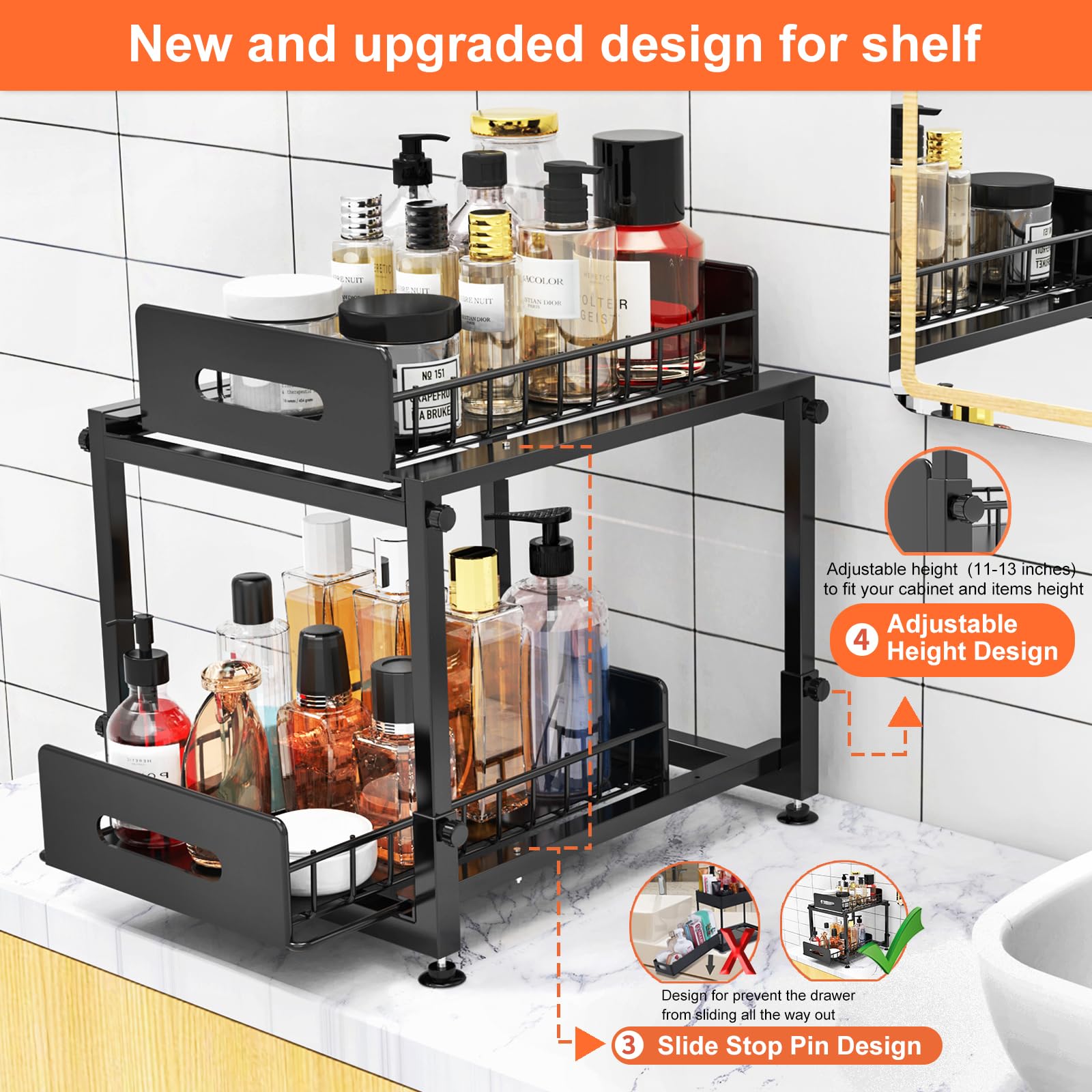 Under Sink Organizer,Cabinet Organizer and Storage,2 Tier Pull Out Under Bathroom Sink Organizers with Two Sliding Drawers,Adjustable height Metal Under Counter Organization for Kitchen and Bathroom