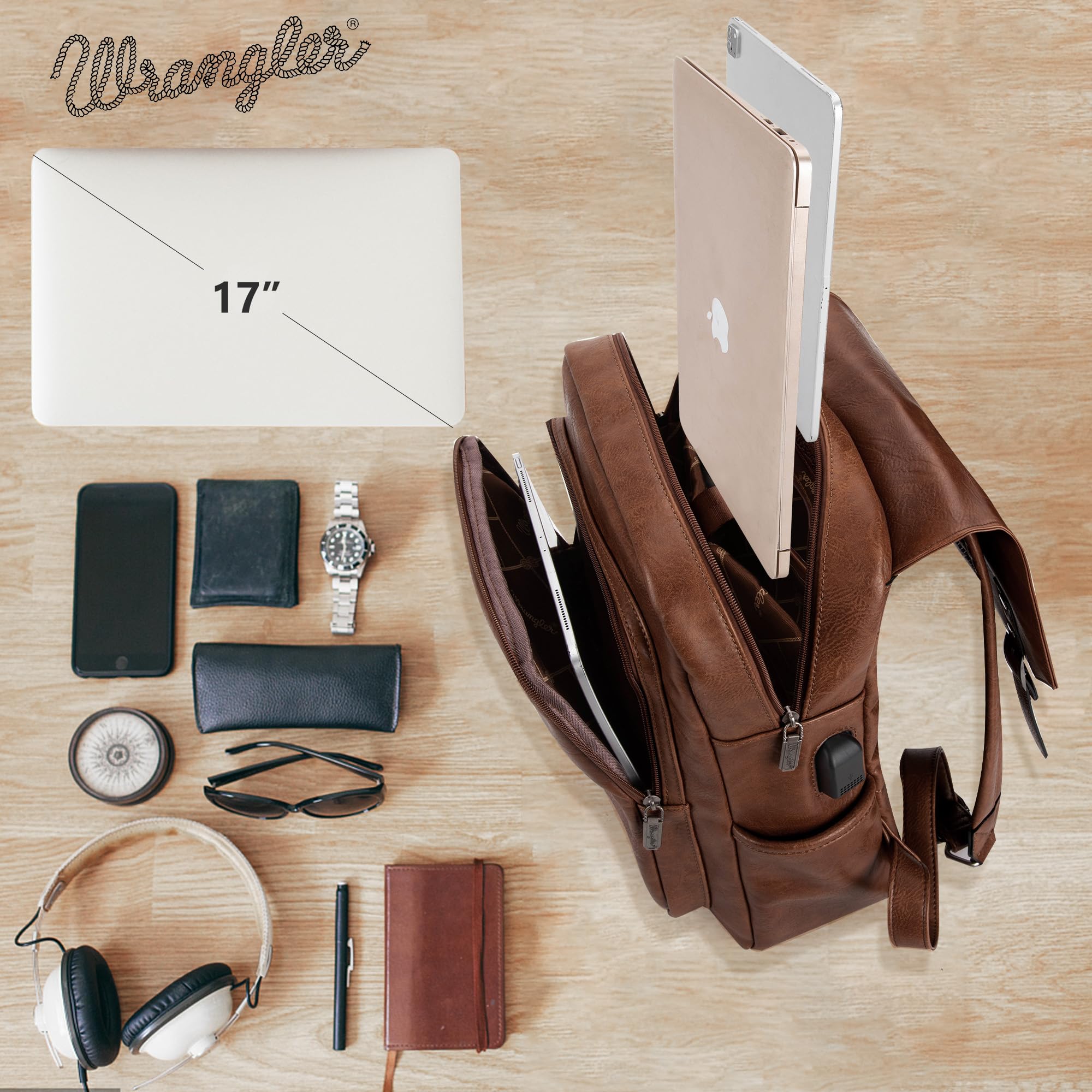 Wrangler PU Leather Backpack for Men & Women Travel Laptop Backpack College Vintage Dark Brown Backpack with USB Charging Port