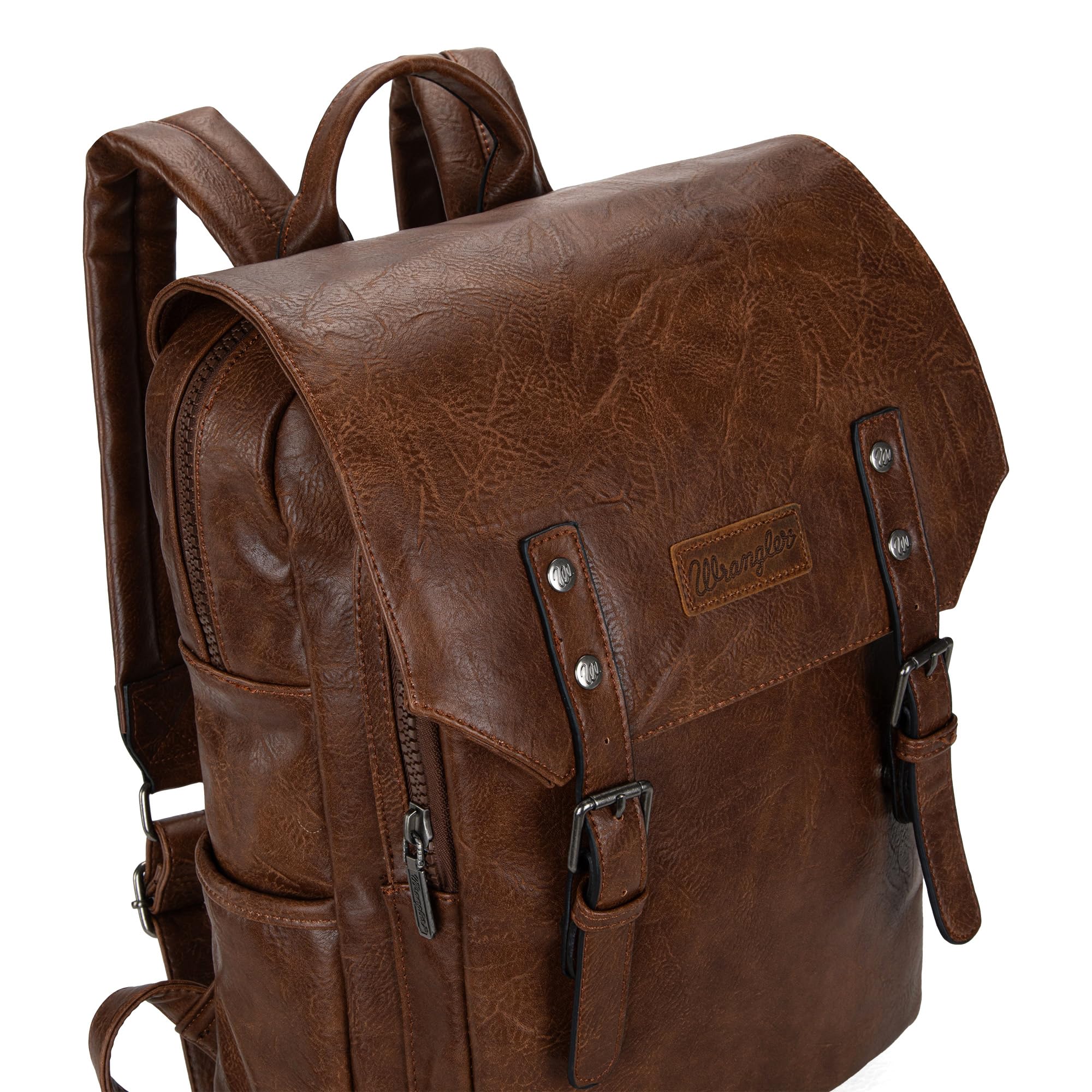 Wrangler PU Leather Backpack for Men & Women Travel Laptop Backpack College Vintage Dark Brown Backpack with USB Charging Port