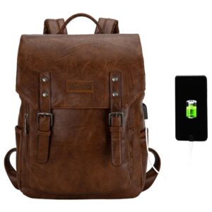 Wrangler PU Leather Backpack for Men & Women Travel Laptop Backpack College Vintage Dark Brown Backpack with USB Charging Port