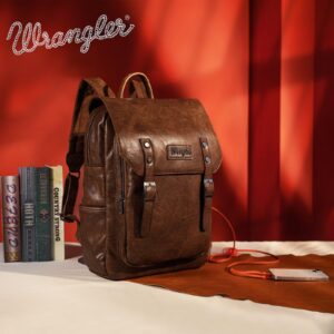 Wrangler PU Leather Backpack for Men & Women Travel Laptop Backpack College Vintage Dark Brown Backpack with USB Charging Port