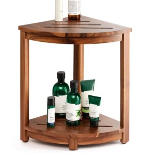 holana 18" wood corner shower bench & corner shower stool with storage shelf - footrest for shaving legs - bath step for small spaces - perfect for indoor or outdoor (acacia, 12x12x18)