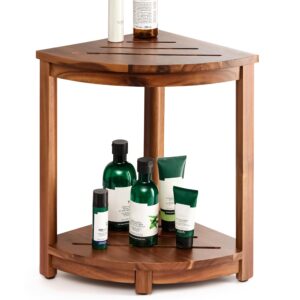 HOLANA 18" Wood Corner Shower Bench & Corner Shower Stool with Storage Shelf - Footrest for Shaving Legs - Bath Step for Small Spaces - Perfect for Indoor or Outdoor (Acacia, 12x12x18)