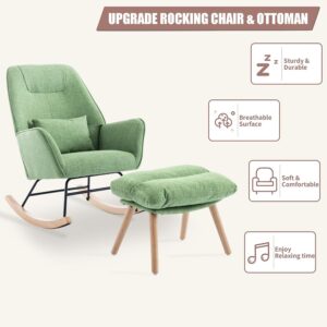 Altrobene Rocking Chair with Ottoman and Pillow, Glider Rocker Chair, Accent Arm Chair Lounger for Living Room/Bedroom/Nursery, High Back, Solid Hardwood Base, Green