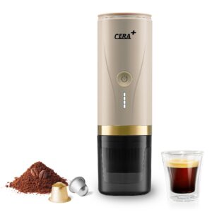 cera+ portable espresso machine, self-heating electric coffee maker, 20 bar pressure compatible with ns pods & ground coffee for travel, camping, office, home(cream)