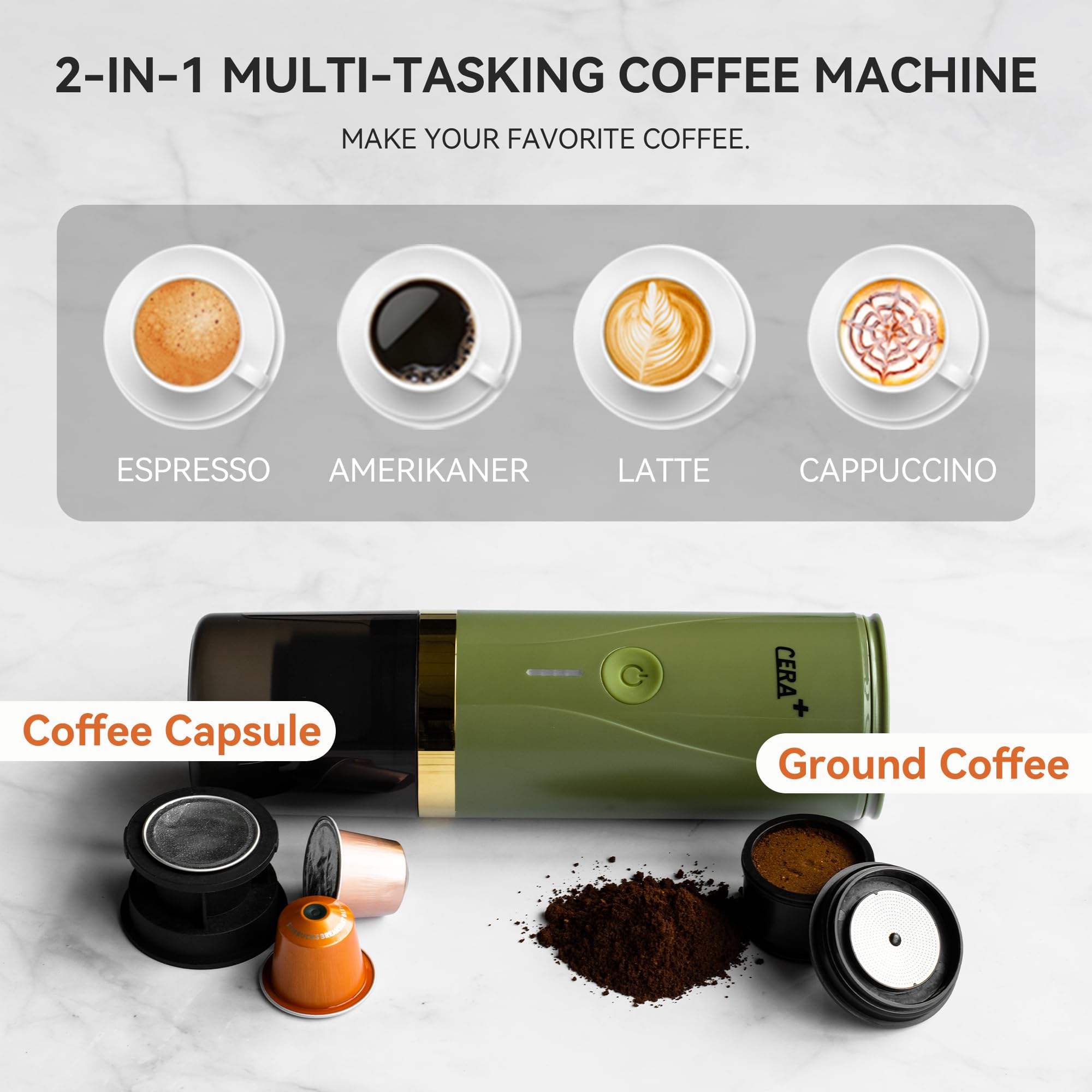 CERA+ Portable Espresso Machine, Self-Heating Electric Coffee Maker, 20 Bar Pressure Compatible with NS Pods & Ground Coffee for Travel, Camping, Office, Home(Cream)