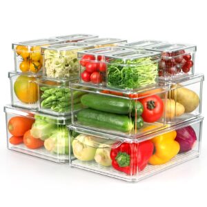 rikojuxi set of 14 fridge organizer, bpa free stackable refrigerator organizer bins with lids, fridge organizers and storage clear refrigerator storage containers for fruits, vegetable, food, drinks