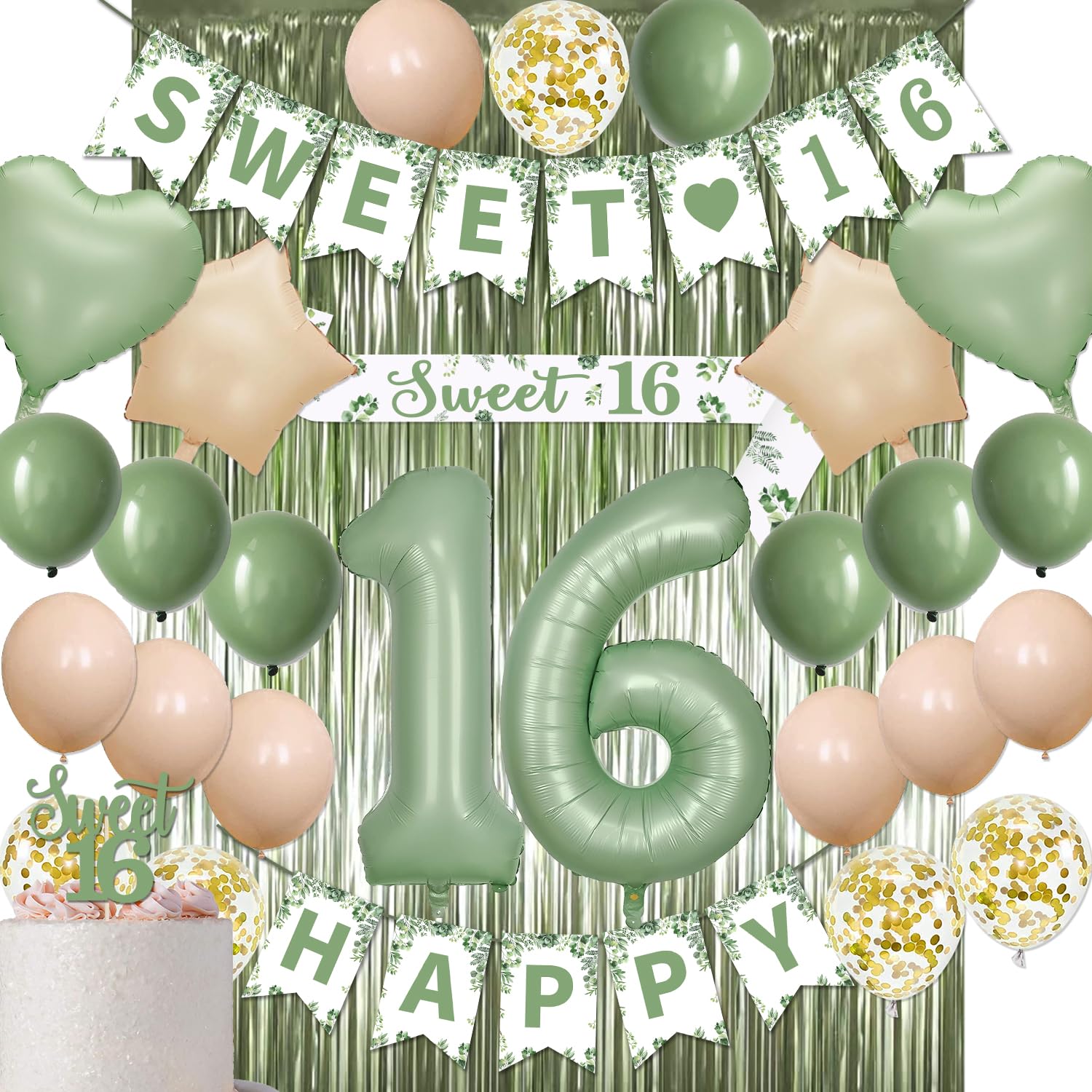 Sweet 16 Party Decorations, Sage Green 16th Birthday Decorations for Girls Sweet 16 Birthday Banner Green Balloons Kit for Her Birthday Party Supplies