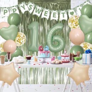 Sweet 16 Party Decorations, Sage Green 16th Birthday Decorations for Girls Sweet 16 Birthday Banner Green Balloons Kit for Her Birthday Party Supplies