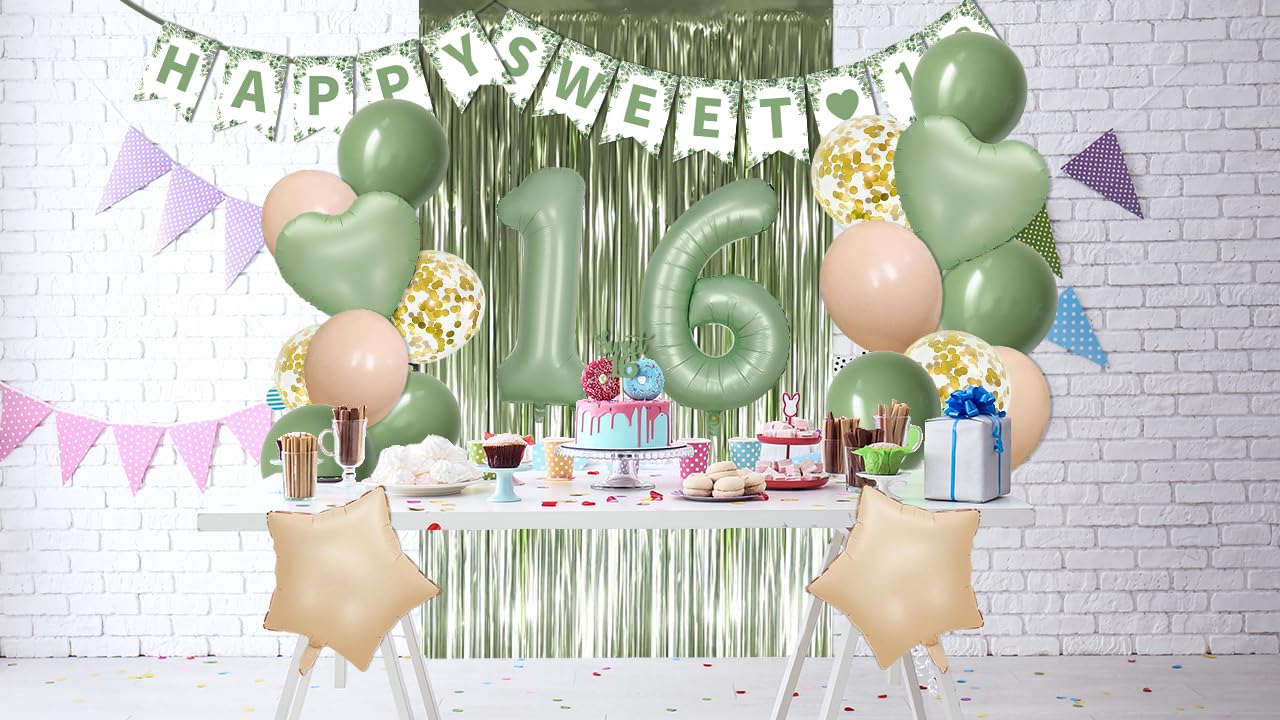 Sweet 16 Party Decorations, Sage Green 16th Birthday Decorations for Girls Sweet 16 Birthday Banner Green Balloons Kit for Her Birthday Party Supplies