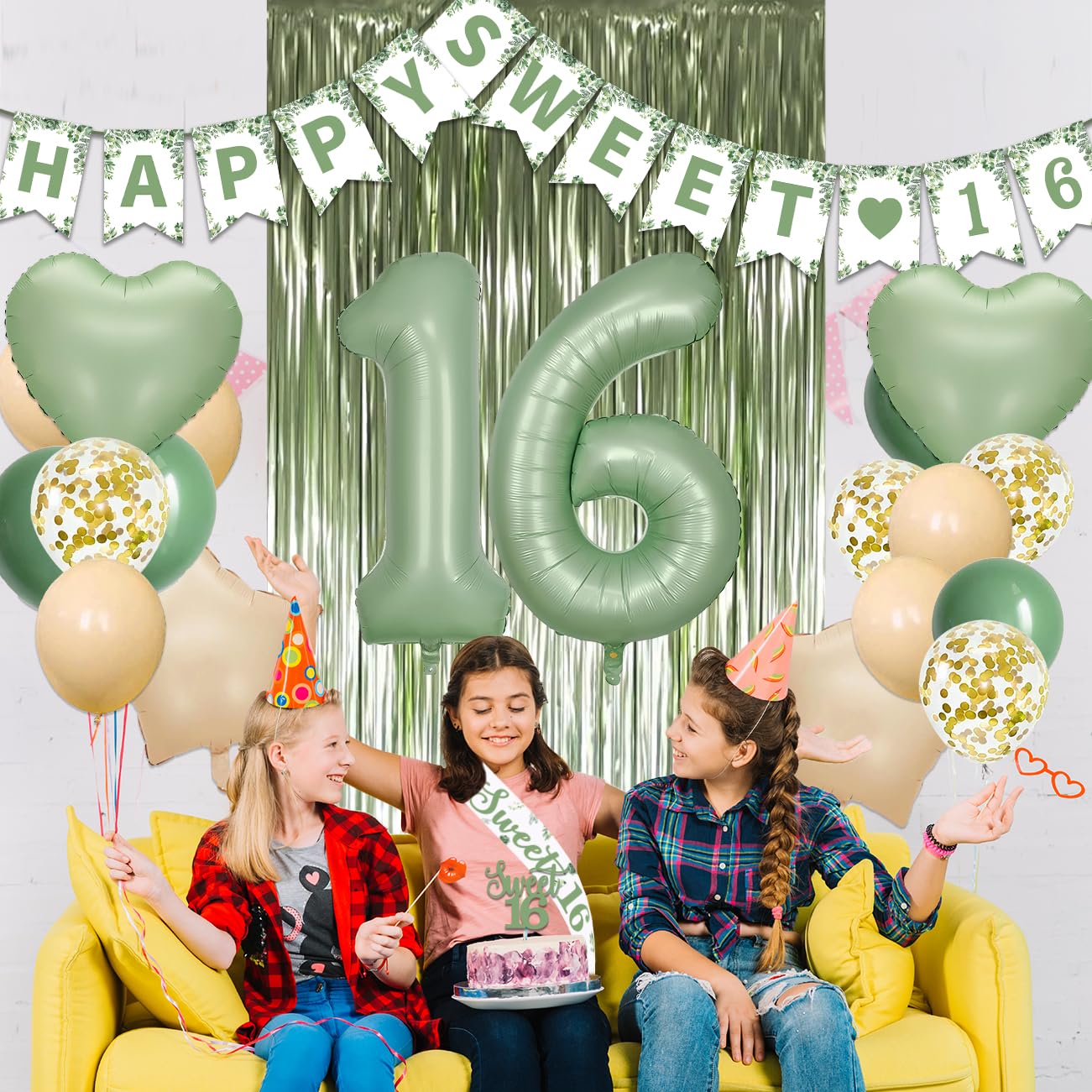 Sweet 16 Party Decorations, Sage Green 16th Birthday Decorations for Girls Sweet 16 Birthday Banner Green Balloons Kit for Her Birthday Party Supplies