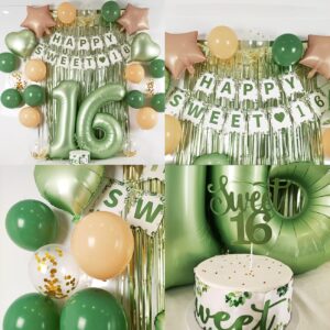 Sweet 16 Party Decorations, Sage Green 16th Birthday Decorations for Girls Sweet 16 Birthday Banner Green Balloons Kit for Her Birthday Party Supplies