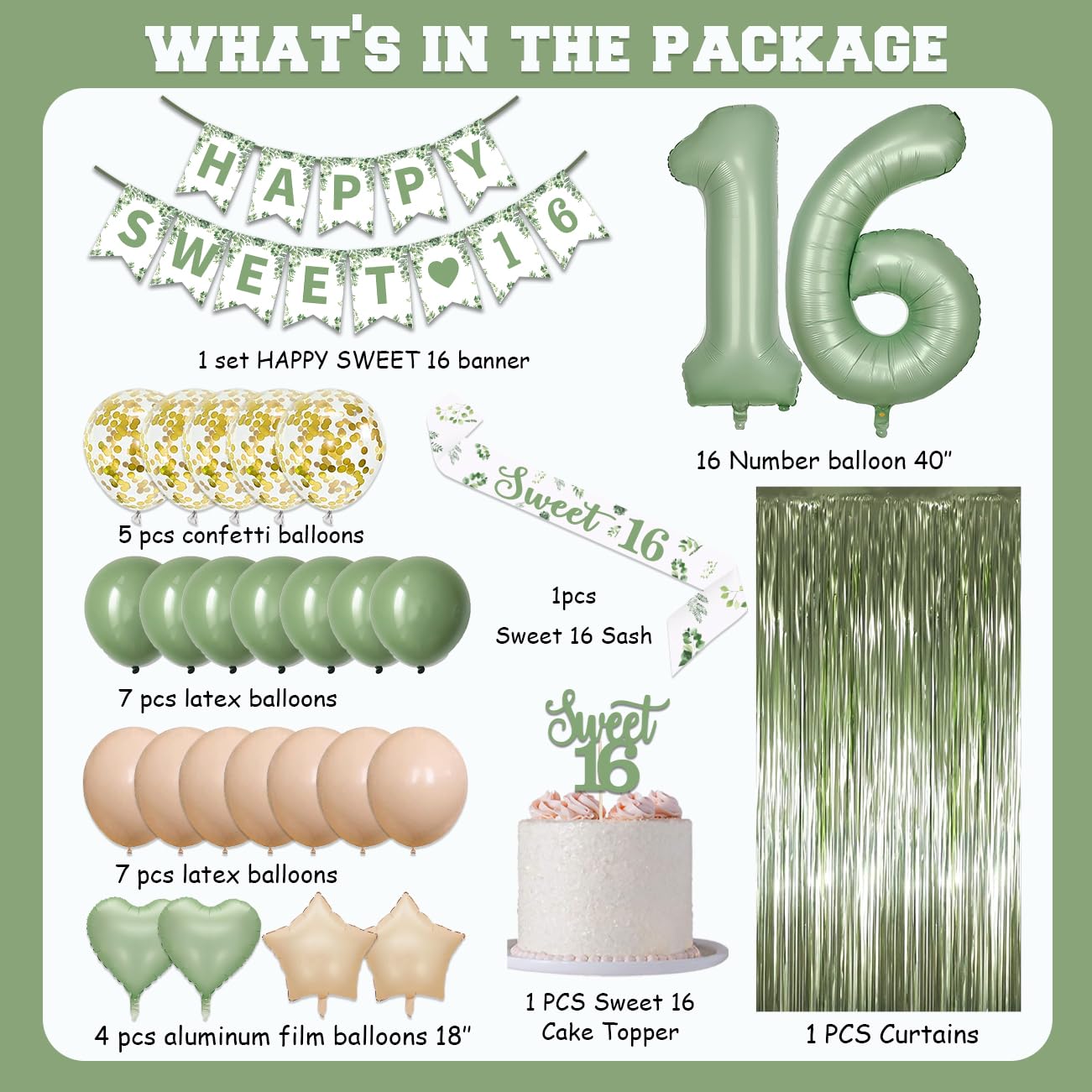 Sweet 16 Party Decorations, Sage Green 16th Birthday Decorations for Girls Sweet 16 Birthday Banner Green Balloons Kit for Her Birthday Party Supplies