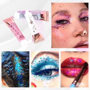 SeleneTenderaes 8 Pink Color Body Glitter Silver Face Hair Self Adhesive Gel Festival Accessories Cosmetic Glitter Long Lasting Chunky Sequins Glitters for Eye Lip Nails Gel Festival Rave 23g
