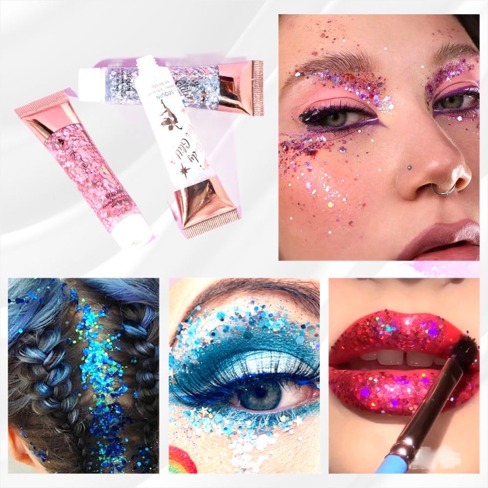 SeleneTenderaes 8 Pink Color Body Glitter Silver Face Hair Self Adhesive Gel Festival Accessories Cosmetic Glitter Long Lasting Chunky Sequins Glitters for Eye Lip Nails Gel Festival Rave 23g