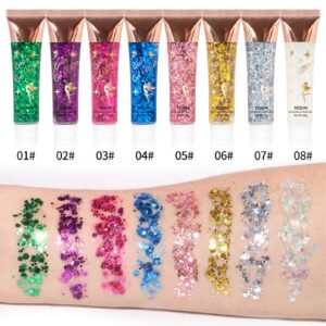 SeleneTenderaes 8 Pink Color Body Glitter Silver Face Hair Self Adhesive Gel Festival Accessories Cosmetic Glitter Long Lasting Chunky Sequins Glitters for Eye Lip Nails Gel Festival Rave 23g