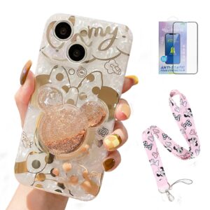 lekihan cartoon case for iphone 14 6.1 with hd screen protector and lanyard and bling sparkle phone stand cute phone case for girls women (for iphone 14)
