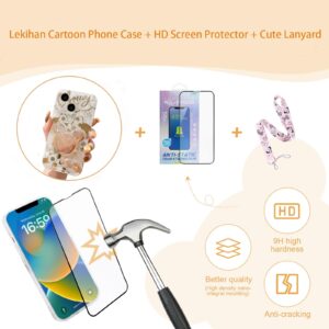 Lekihan Cartoon Case for iPhone 14 6.1 with HD Screen Protector and Lanyard and Bling Sparkle Phone Stand Cute Phone Case for Girls Women (for iPhone 14)