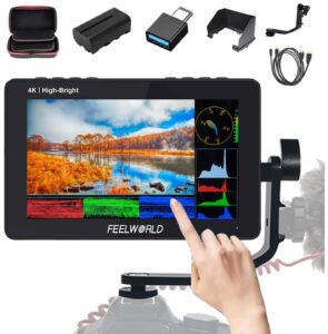 feelworld f5 prox +carry case + battery 5.5 inch 1600nits touchscreen dslr camera field monitor with 3d lut f970 external kit install for power wireless transmission 4k hdmi input output 5v type-c