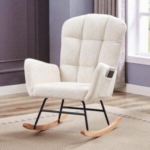hansones nursery rocking chair,upholstered glider chair with high backrest armchair chair for living room bedroom offices (cream white teddy)