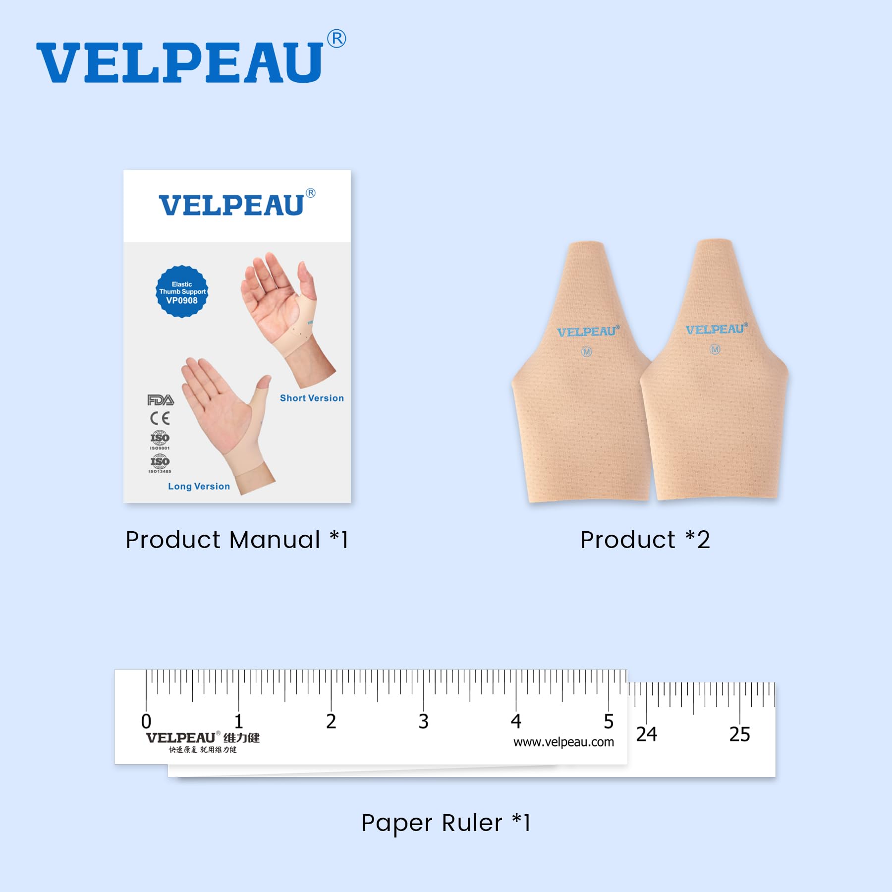 Velpeau Thumb Wrist Compression Sleeve for Arthritis Pain (2 Pcs) -Elastic Liner for Plastic Splint, Right & Left Hands (Beige, Long Version, Medium)