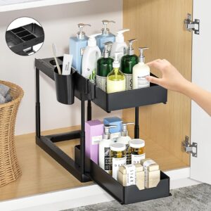 YIYUE Under Sink Storage, Adjustable Height Bathroom Kitchen Pull Out under Sink Organizer and Storage, 2 Tie Non - slip Sturdy Double Sliding Drawers Black