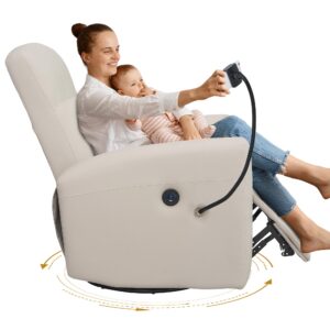 hzlagm Power Swivel Glider Chair Nursery, Swivel Rocker Recliner with USB Ports, Rocking Chair with Microfiber Leather, Waterproof, Living Room, Nursery - Beige