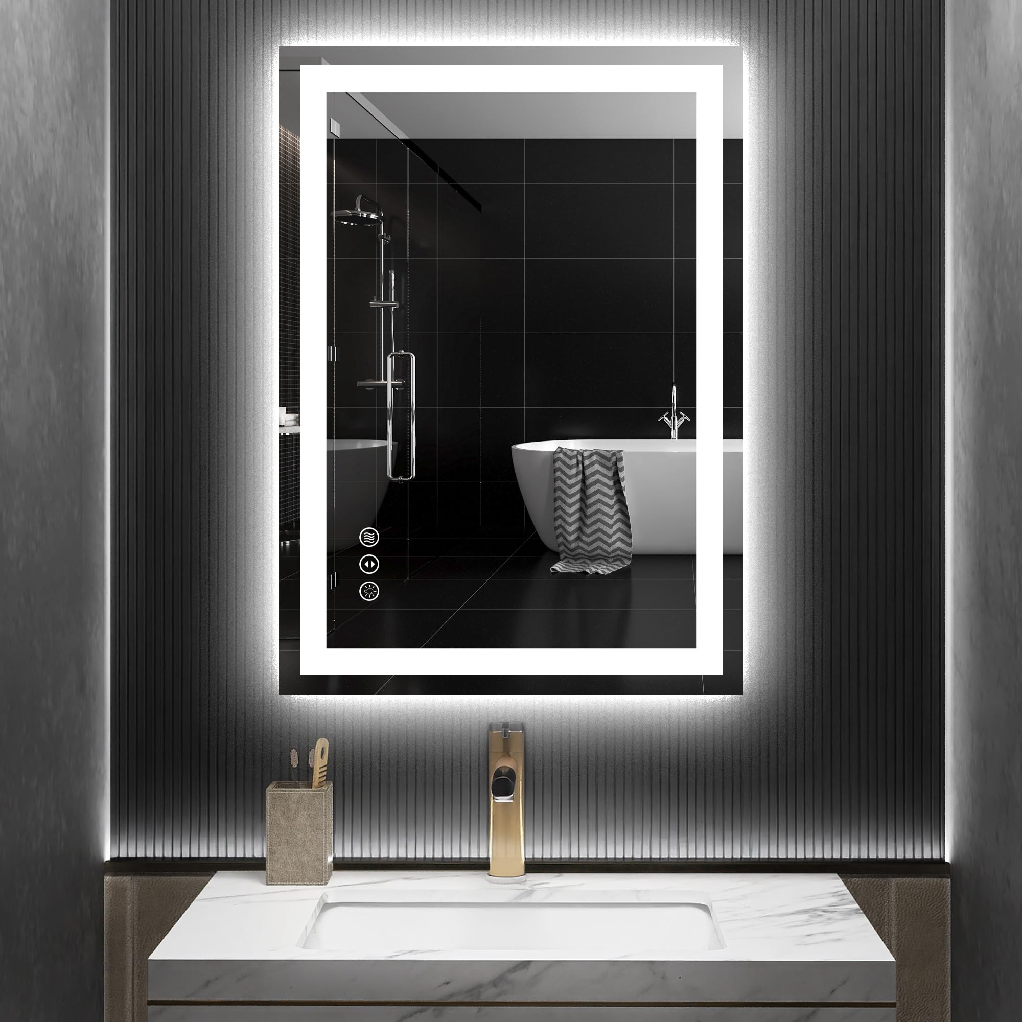 S·BAGNO LED Bathroom Mirror with Lights 28"X20", Wall -Mounted Lighted Bathroom Vanity Mirror, Anti-Fog, Dimmable, Backlit+Front Lit, Tempered Glass, Memory Function(Horizontal/Vertical)