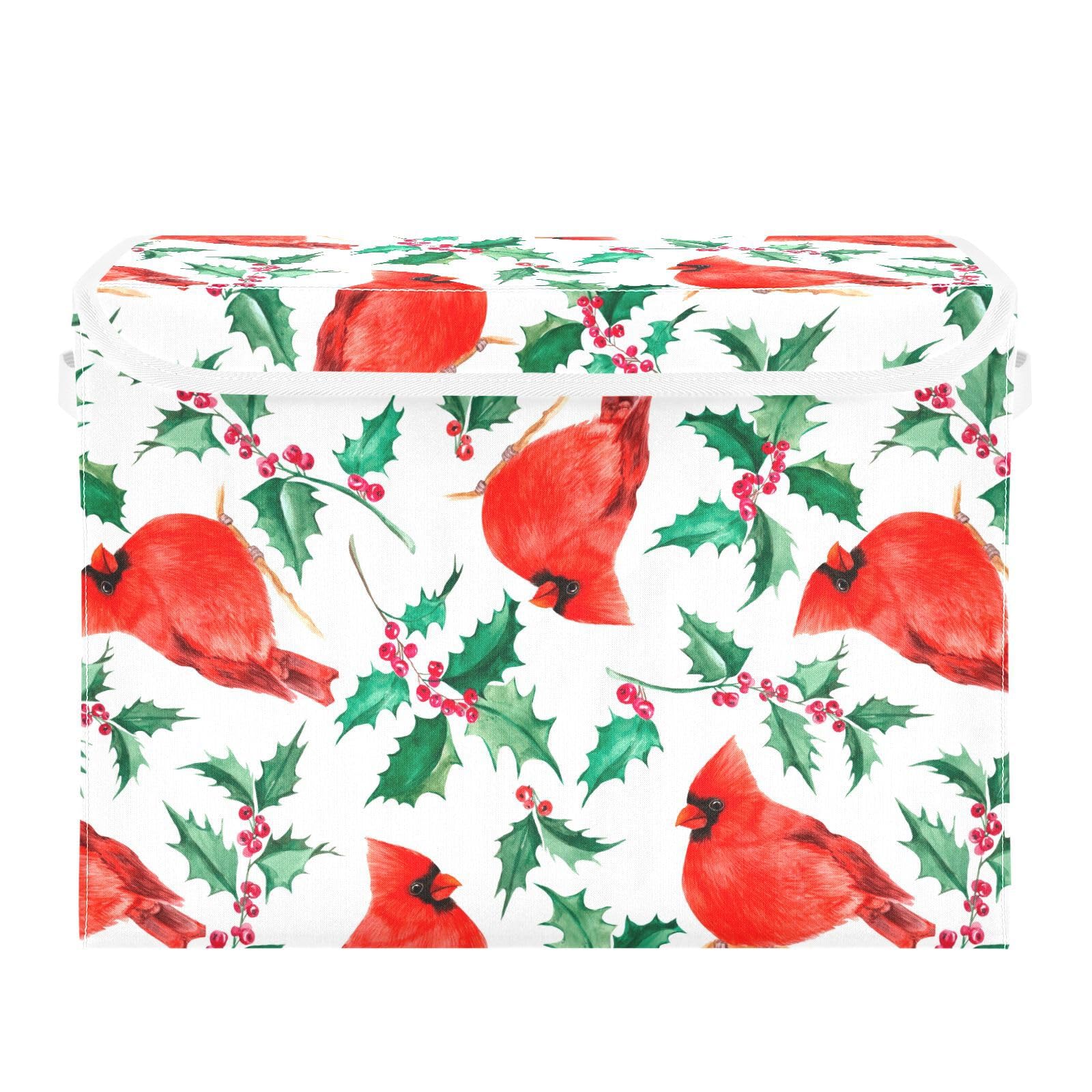 Krafig Foldable Storage Box Christmas Red Holly Berries Cardinal Birds Large Cube Organizer Bins Containers Baskets with Lids Handles for Closet Organization, Shelves, Clothes, Toys