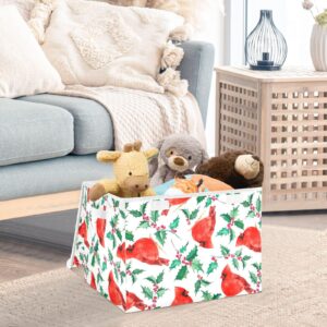 Krafig Foldable Storage Box Christmas Red Holly Berries Cardinal Birds Large Cube Organizer Bins Containers Baskets with Lids Handles for Closet Organization, Shelves, Clothes, Toys