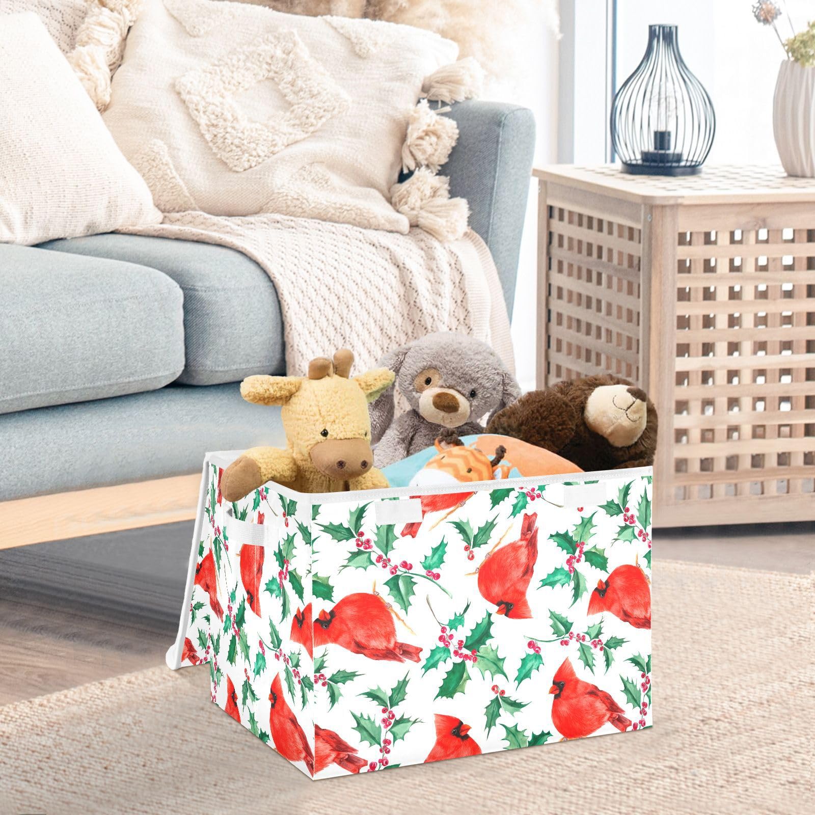 Krafig Foldable Storage Box Christmas Red Holly Berries Cardinal Birds Large Cube Organizer Bins Containers Baskets with Lids Handles for Closet Organization, Shelves, Clothes, Toys