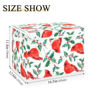 Krafig Foldable Storage Box Christmas Red Holly Berries Cardinal Birds Large Cube Organizer Bins Containers Baskets with Lids Handles for Closet Organization, Shelves, Clothes, Toys