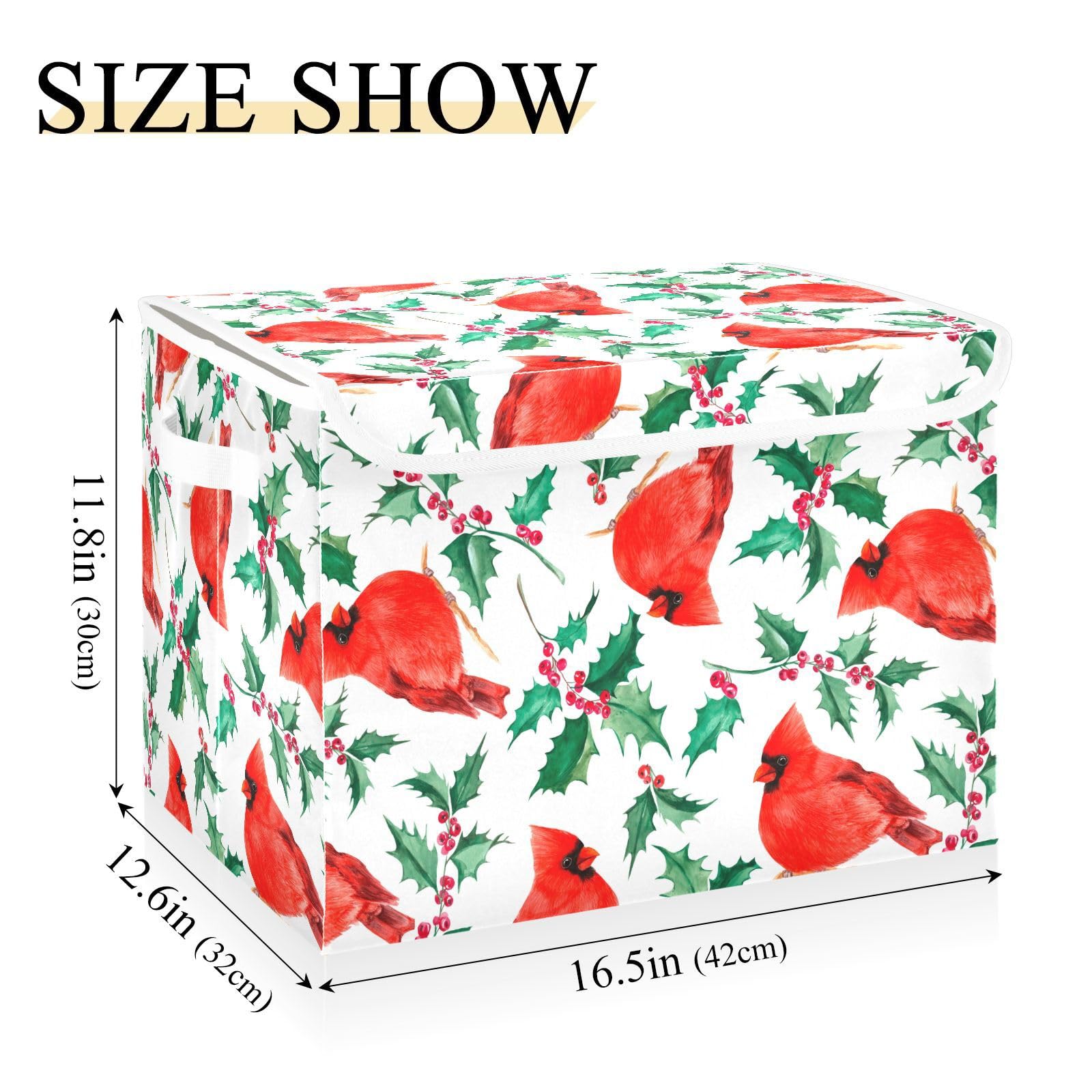 Krafig Foldable Storage Box Christmas Red Holly Berries Cardinal Birds Large Cube Organizer Bins Containers Baskets with Lids Handles for Closet Organization, Shelves, Clothes, Toys