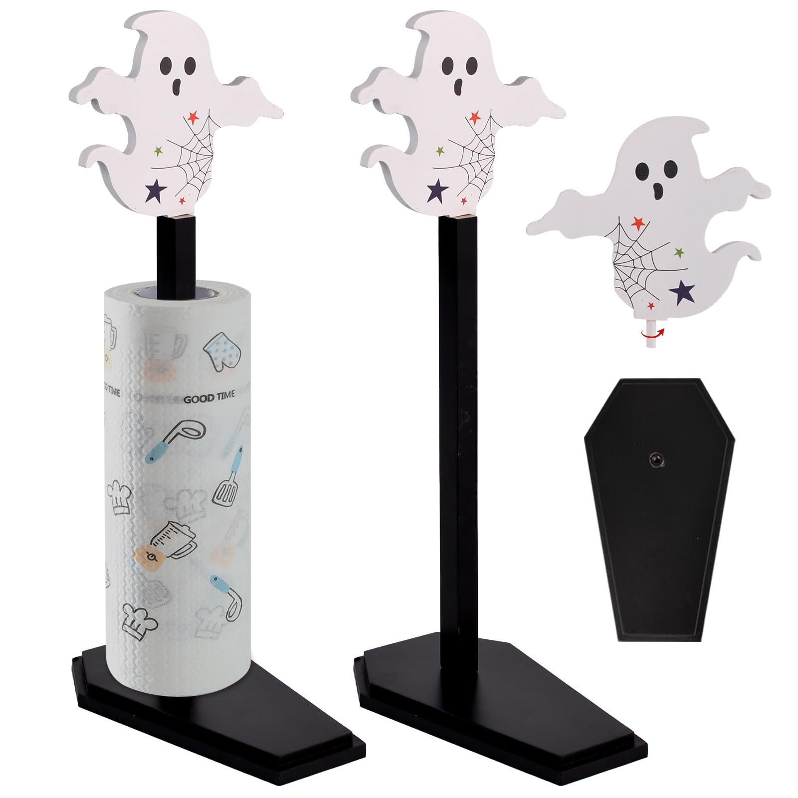 2PCS Bat Paper Towel Holder with Coffin Base-Gothic Home Decor for Halloween-Ghost Halloween Gothic Decor Paper Towel Holder for Countertop Stand (Ghost)