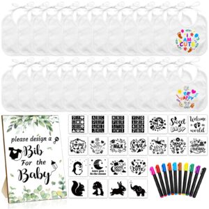 newwiee 55 pcs diy baby bibs set includes 22 white feeder bibs 22 stencils 10 fabric markers 1 wooden baby shower game sign (greenery)