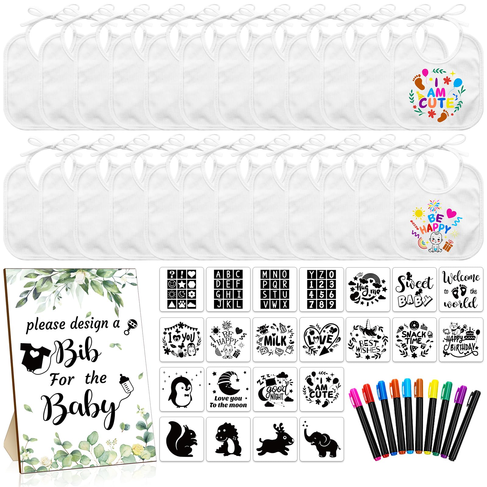 Newwiee 55 Pcs DIY Baby Bibs Set Includes 22 White Feeder Bibs 22 Stencils 10 Fabric Markers 1 Wooden Baby Shower Game Sign (Greenery)