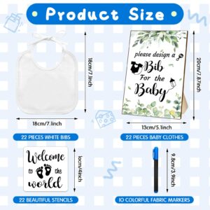 Newwiee 55 Pcs DIY Baby Bibs Set Includes 22 White Feeder Bibs 22 Stencils 10 Fabric Markers 1 Wooden Baby Shower Game Sign (Greenery)