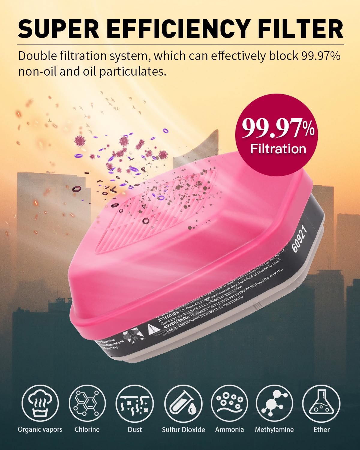 60921 Respirator Cartridges, Particulate Filters Helps Protect Against Organic Vapors, Ammonia, Acid Gases Compatible with Half and Full Face Pieces 6200 6800 7502 FF400 Series (1 Pair)