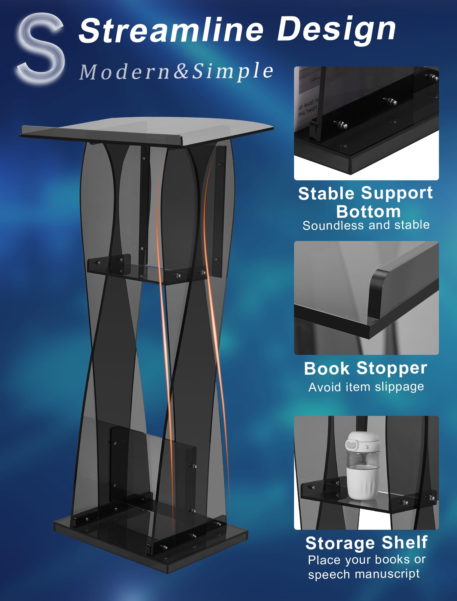 HODLBIT Upgraded Acrylic Podium Stand, Pulpits for Churches, 47.5inch Modern Lecterns & Podiums with Storage Shelf for Classroom, Weddings, Professional Presentation Podiums, Easy Assembly