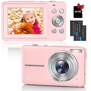 digital camera, fhd 1080p digital camera for kids with 16x digital zoom, compact point and shoot camera portable mini camera small camera for teens students boys girls seniors(light pink)
