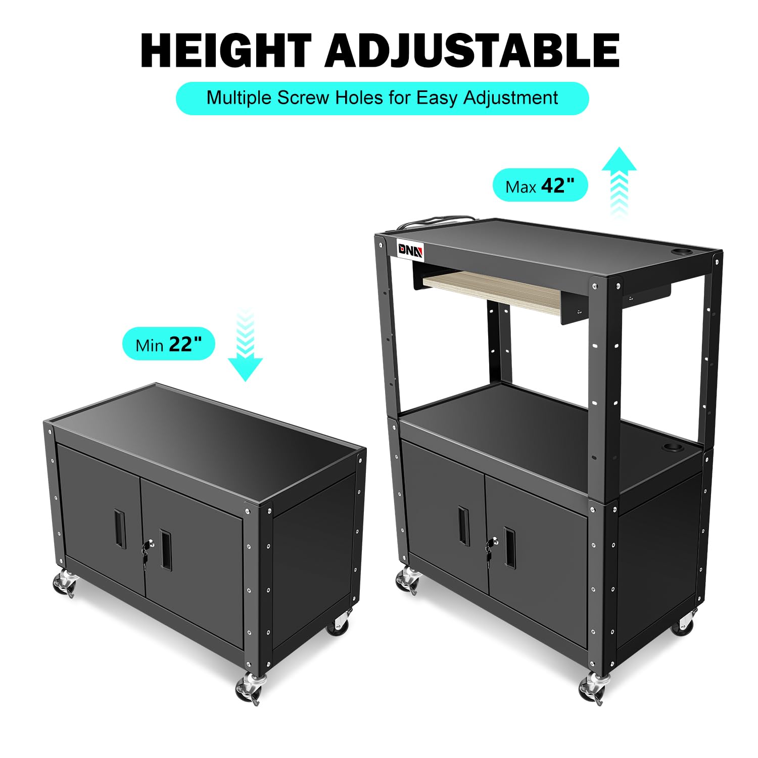 DNA MOTORING Steel AV Cart with Extra Storage Cabinet, 30.8" x 18" x 22"-42" Height Adjustable Rolling Projector Utility Cart, TOOLS-00293