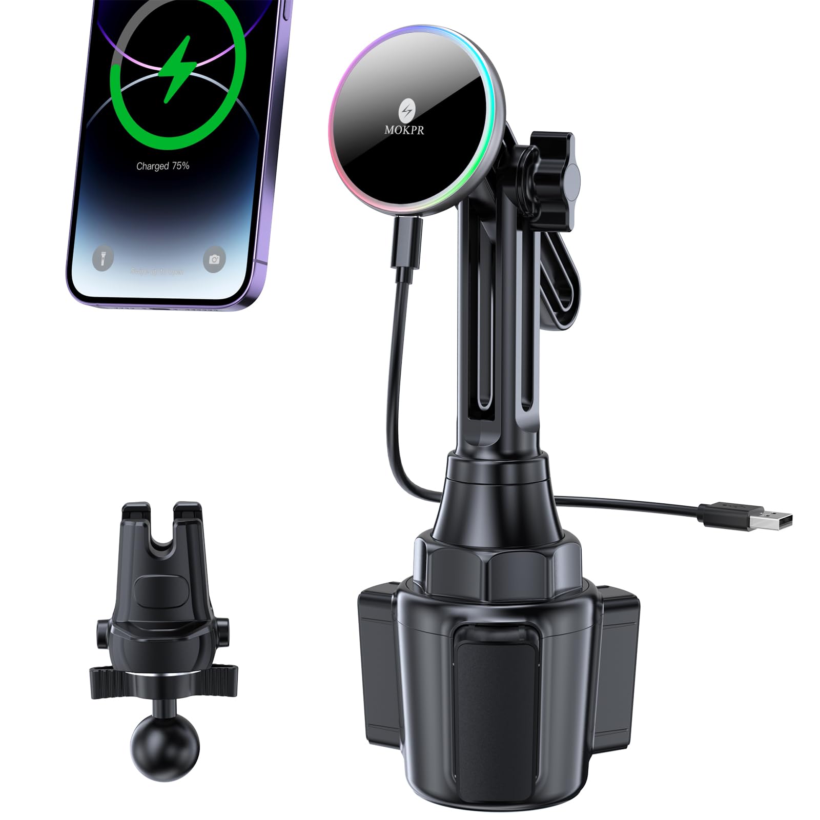 MOKPR for MagSafe Car Mount Charger- Wireless Car Charger Magnetic Cup Holder Phone Mount-Colorful LED HandsFree Magnet Car Charger for iPhone 15/14/13/12 Series