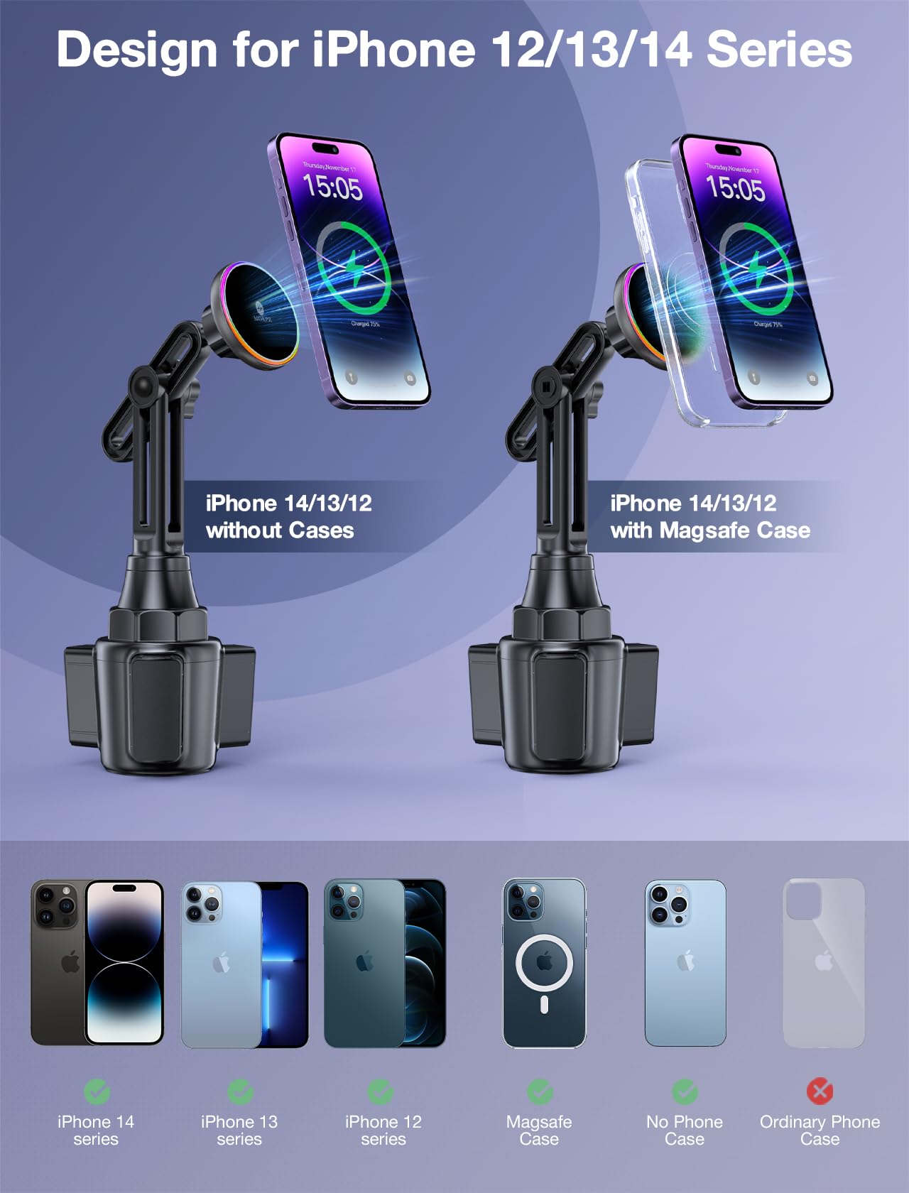 MOKPR for MagSafe Car Mount Charger- Wireless Car Charger Magnetic Cup Holder Phone Mount-Colorful LED HandsFree Magnet Car Charger for iPhone 15/14/13/12 Series